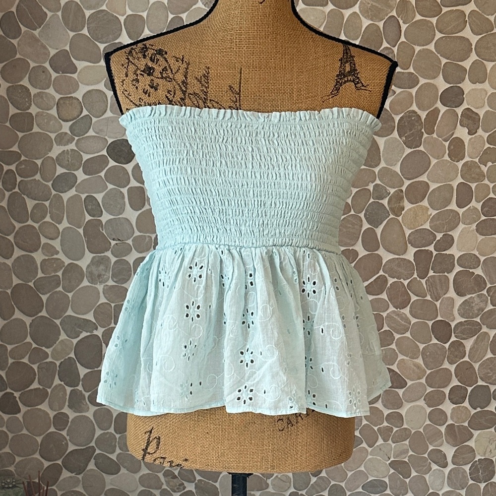 American Eagle Outfitters Light Blue Strapless Eyelet Top